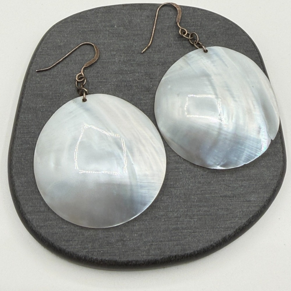Mother of Pearl Shell Earrings Large Round Disc Dangle Boho Coastal Statement